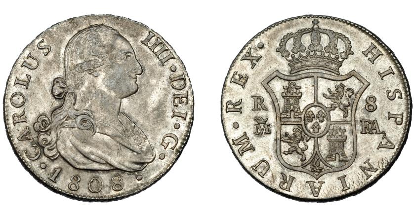 614   -  CARLOS IV. 8 reales. 1808. Madrid. FA. VI-780. Pátina irregular. EBC-. Escasa.