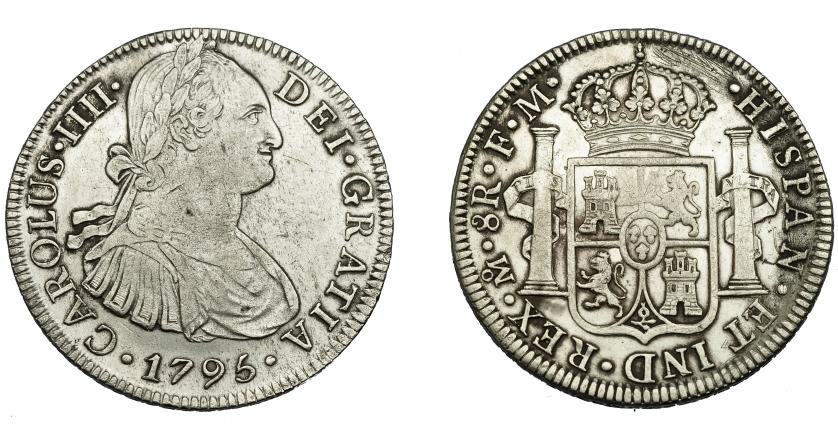 617   -  CARLOS IV. 8 reales. 1795. México. FM. VI-791. Leves oxidaciones y pequeñas marcas. MBC.