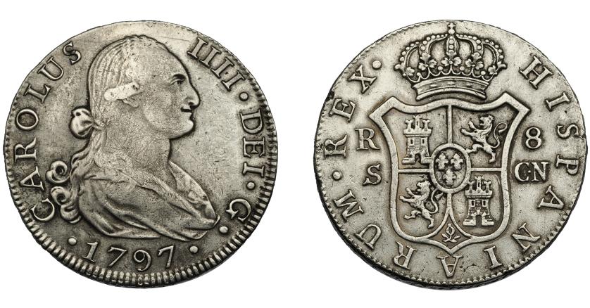 622   -  CARLOS IV. 8 REALES. 1797. Sevilla. CN. VI-860. Pequeñas marcas. MBC. Muy escasa.