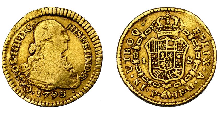 623   -  CARLOS IV. 1 escudo. 1793. Popayán. JF. VI-960. Ligeramente alabeada. BC+/MBC-.