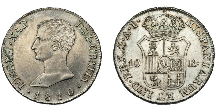 626   -  JOSÉ I NAPOLEÓN. 10 reales. 1810. Madrid. AI. VI-21. Hojita en anv. SC. Muy rara en esta conservación.
