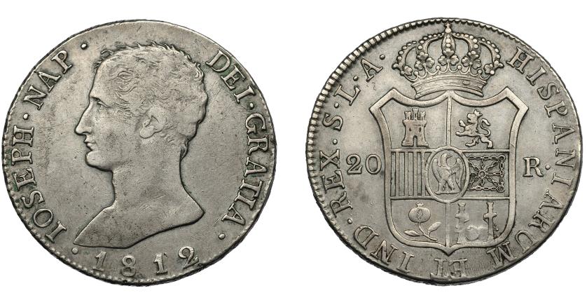 628   -  JOSÉ NAPOLEÓN I. 20 reales. 1812. Sevilla. LA. VI-37. MBC-/MBC. Escasa. 