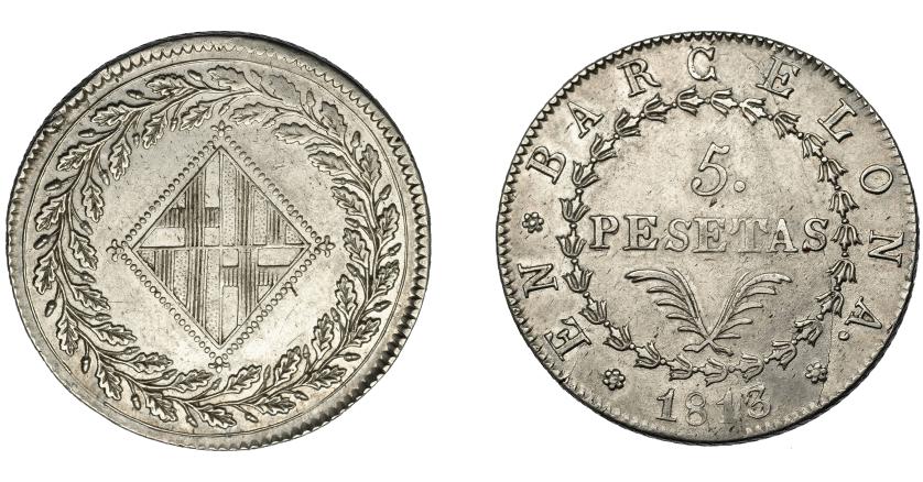 629   -  JOSÉ I NAPOLEÓN. 5 pesetas. 1813. Barcelona. VI-39. MBC+. Muy escasa.