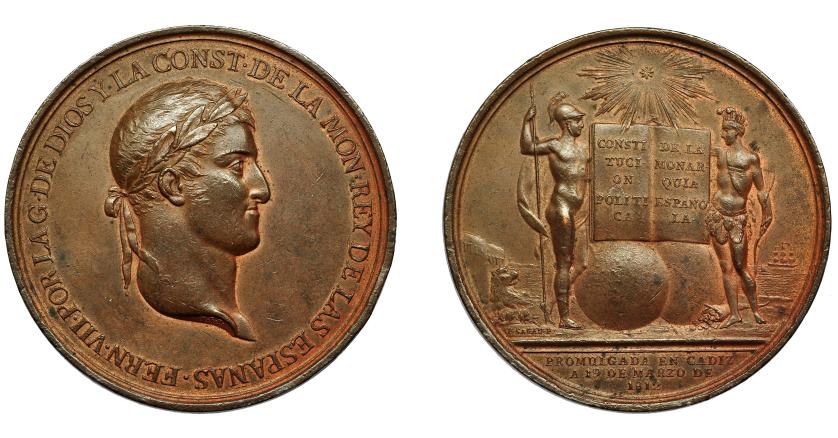 631   -  FERNANDO VII. Medalla a la Constitución de Cádiz. 1812. Grabador F. Sagau. AE 56,5 mm. MPN-426. MBC