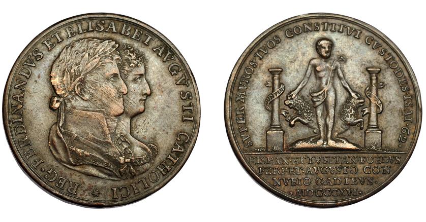 632   -  FERNANDO VII. Medalla. 1816. Boda real. Cádiz. AE 34,5 mm. Rayas de ajuste en anv. y golpe. MBC-/MBC.