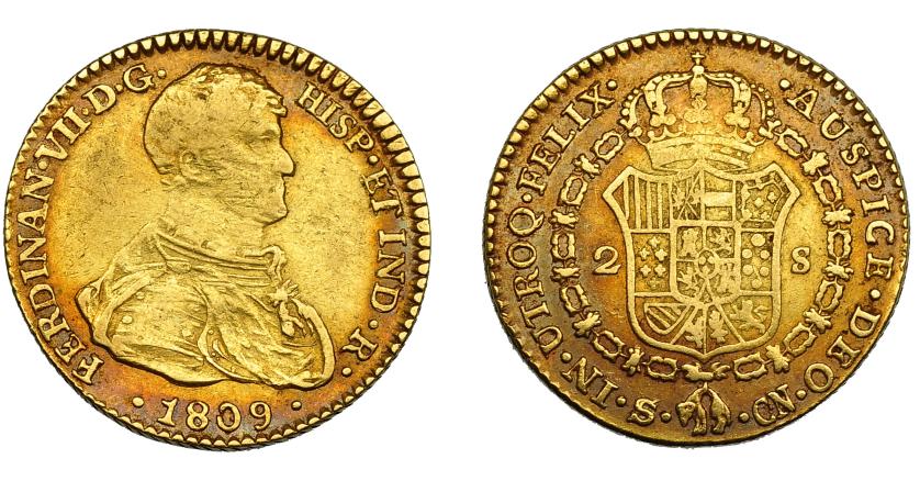 652   -  FERNANDO VII. 2 escudos. 1809. Sevilla. VI-1382. MBC-. Escasa.
