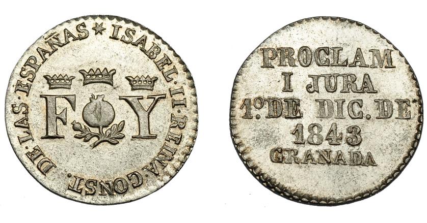 658   -  ISABEL II. Medalla. 1843. Mayoría de edad. Granada. AR 20mm. H-10. B.O. SC.