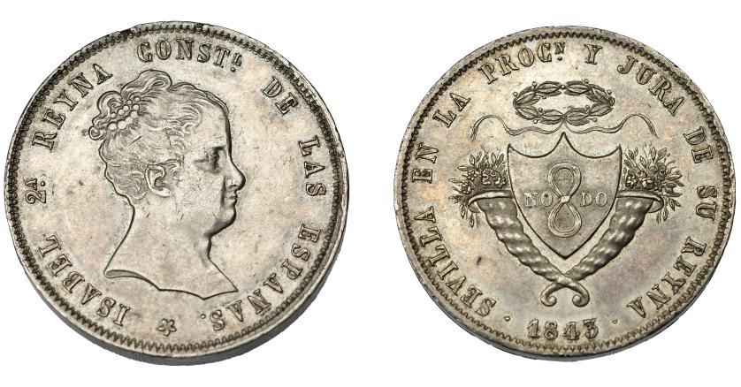 659   -  ISABEL II. Medalla mayoría de edad. 1843. Sevilla. AR 36,5 mm. H-16. MBC+/EBC-.
