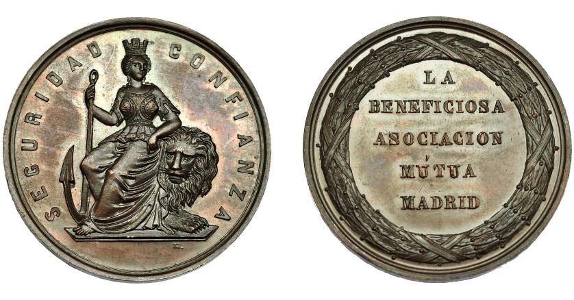 660   -  ISABEL II. Medalla. Sin fecha. La beneficiosa Asociación Mutua de Madrid. SEGURIDAD Y CONFIANZA. Firma K.  AE 38mm. SC.