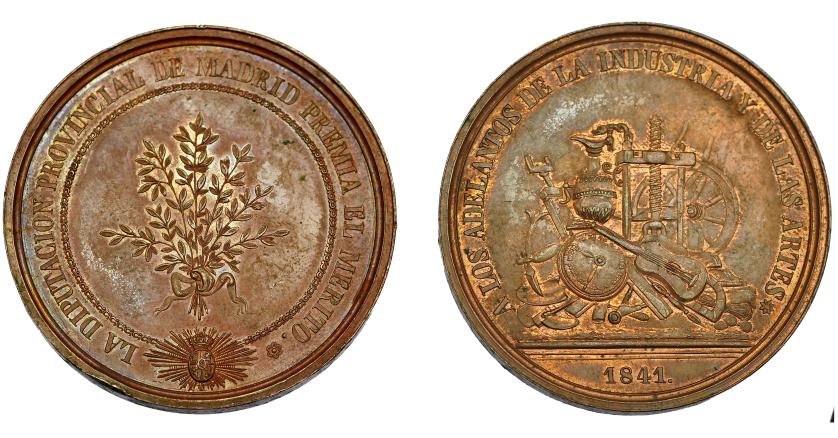 666   -  ISABEL II. Medalla. Diputación Provincial de Madrid. 1841. Al mérito. AE. 43 mm. MPN-623 vte. R.B.O. Golpecitos en canto. EBC+.