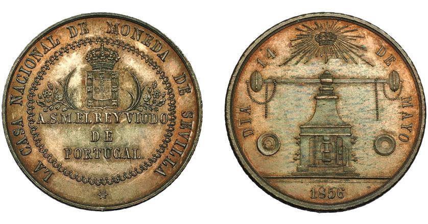 669   -  ISABEL II. Medalla. 1856. Visita del rey de Portugal a la Casa de la Moneda de Sevilla. AE 37 mm. MPN-681 en plata. MBC+.