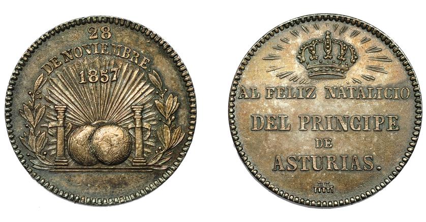 670   -  ISABEL II. Medalla. 1857. Nacimiento del Príncipe de Asturias. AR 20 mm. MPN-688 vte. de metal. EBC.