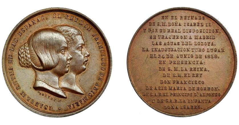 672   -  ISABEL II. Medalla. 1858. Inauguración del Canal de Lozoya. Firma BOUVET. AE 26,3 mm. MPN-695. EBC.