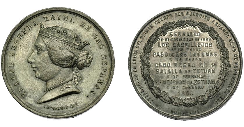 674   -  ISABEL II. Medalla. Guerra con Marruecos. 1860. Grabador Massonnet. Calamina. 50 mm. MPN-no. Pequeñas marcas y raya en rev. EBC-.