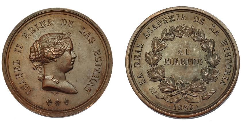 675   -  ISABEL II. Medalla. Real Academia de la Historia, al mérito. 1860. Grabador L.M. (Marchionni). AE 45 mm. EBC-.
