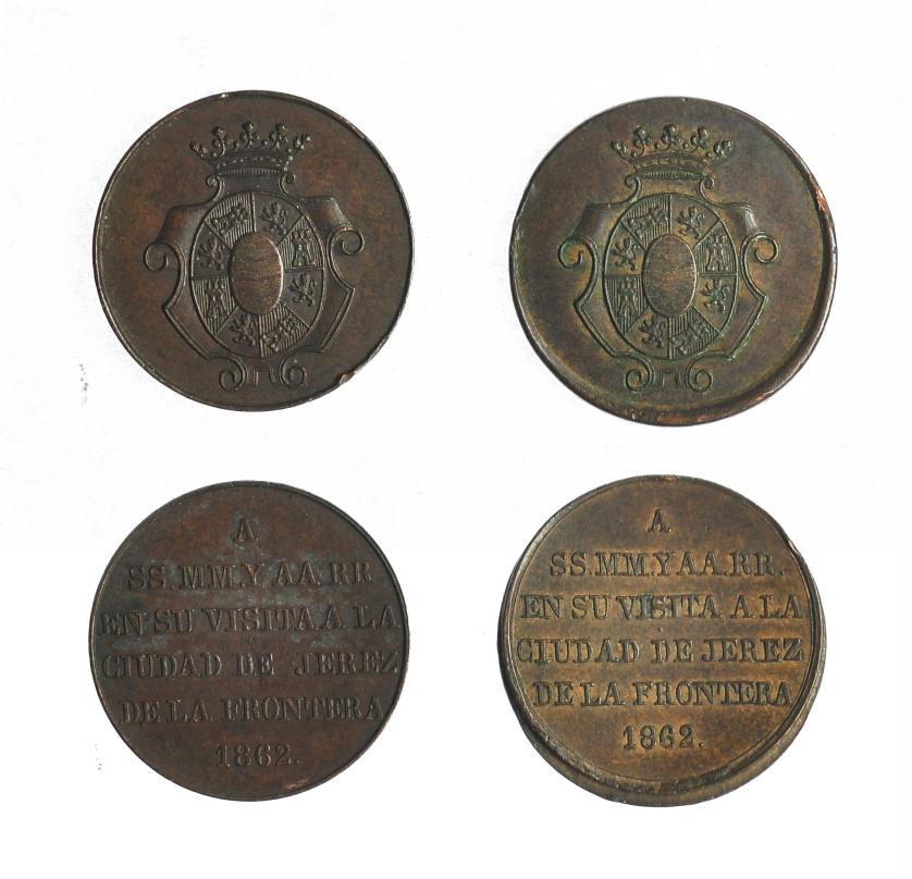 676   -  ISABEL II. Lote 2 medallas. Visita a Jerez de la Frontera. 1862. MPN-725. AE 23 mm. MBC/MBC+.