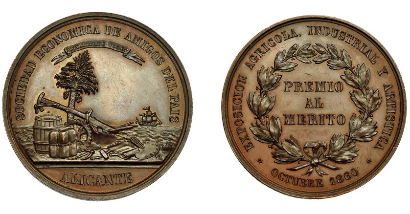 678   -  ISABEL II. Medalla. 1860. Exposición Agrícola, Industrial y Antártica de Alicante. Firma L.M (Marchionni). AE 40 mm. EBC+.