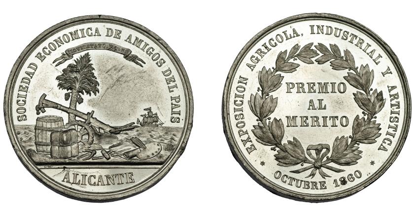 679   -  ISABEL II. Medalla. 1860. Exposición Agrícola, Industrial y Antártica de Alicante. Firma L. M (Marchionni). Metal blanco 40 mm. Rayitas. EBC+.