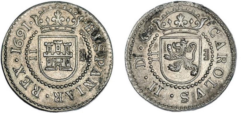 680   -  ISABEL II. Escuela de grabadores. 2 maravedís. 1691. Segovia. Metal blanco R.B.O. EBC. Rara.