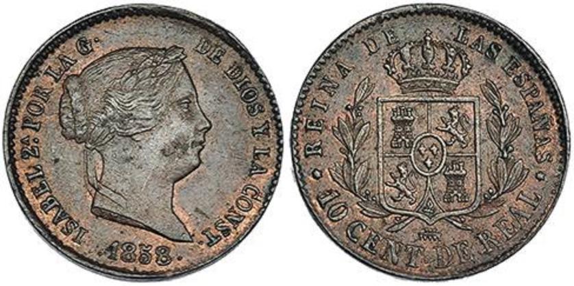 686   -  ISABEL II. 10 céntimos de real. 1858. Segovia. VI-135. R.B.O. MBC+/EBC-. Escasa.