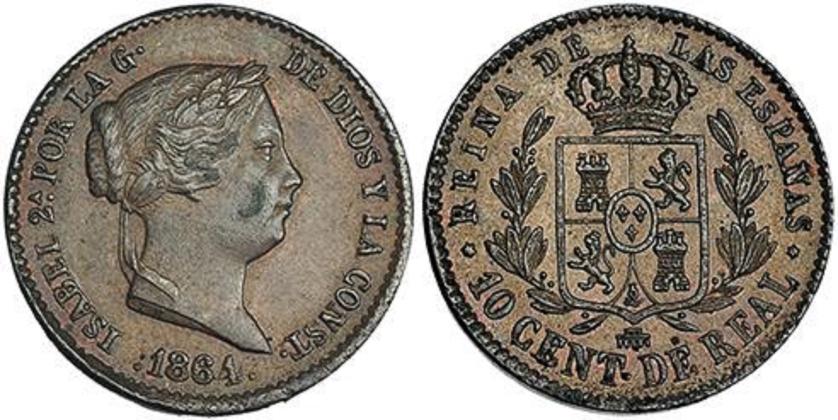 689   -  ISABEL II. 10 céntimos de real. 1864. Segovia. VI-141. MBC+. Escasa. 