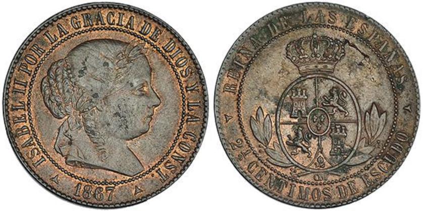 691   -  ISABEL II. 2 1/2 céntimos de escudo. 1867. Segovia. OM. VI-192. Leves oxidaciones. R.B.O. EBC-.
