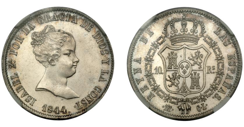 695   -  ISABEL II. 10 reales. 1844. Madrid. CL. VI-449. EBC+. Encapsulada por NGC. Rarísima en esta conservación.