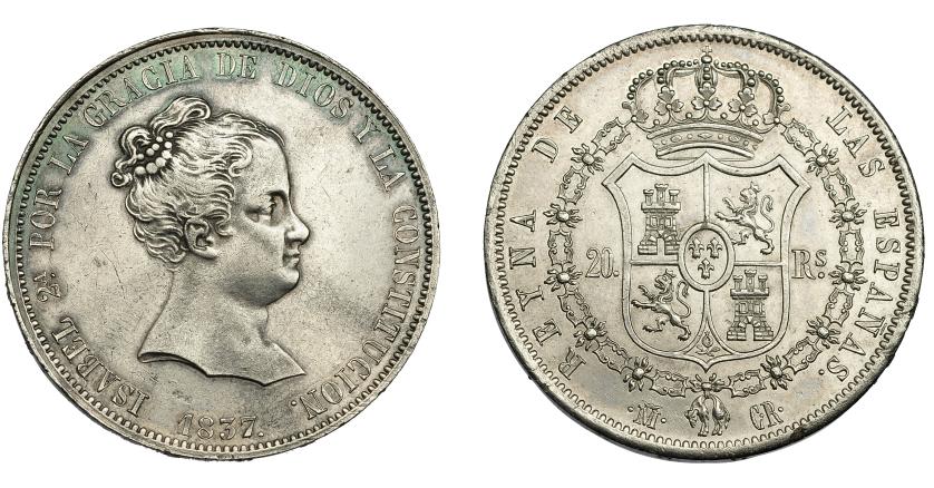 698   -  ISABEL II. 20 reales. 1837. Madrid. CR. VI-498. EBC-/EBC.