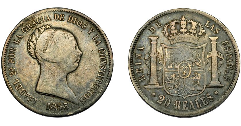 699   -  ISABEL II. 20 reales. 1855. Madrid. VI-511. Vano en rev. MBC-.