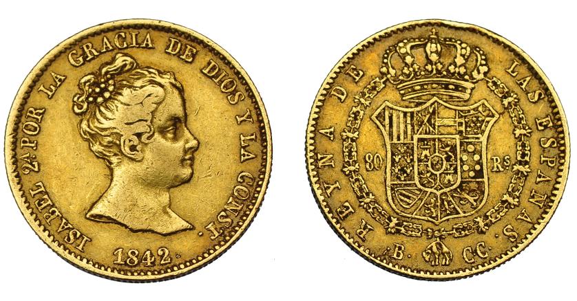 702   -  ISABEL II. 80 reales. 1842. Barcelona. CC. VI-585. MBC-.