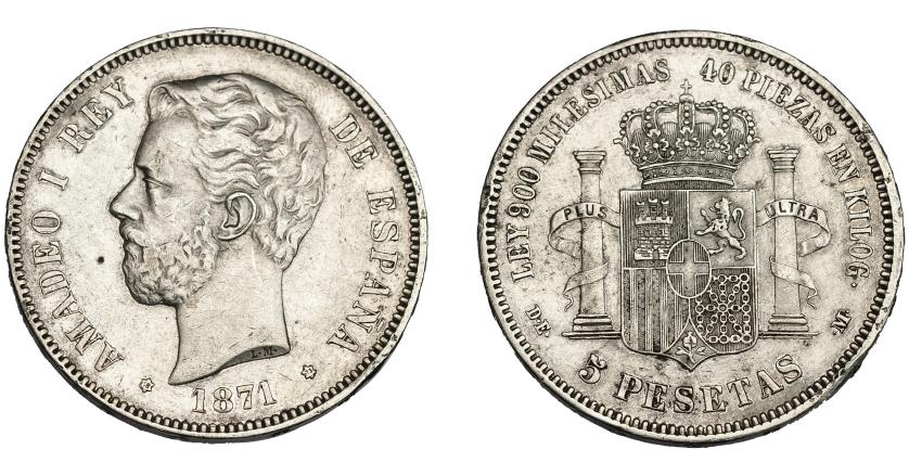 711   -  AMADEO I. 5 pesetas. 1871 *18-73. Madrid. DEM. VII-34. MBC+/EBC-. Rara.