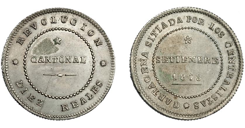 712   -  REVOLUCIÓN CANTONAL. 10 reales. 1873.Cartagena. VII-28. Rebaba por rotura de cuño en rev. EBC.