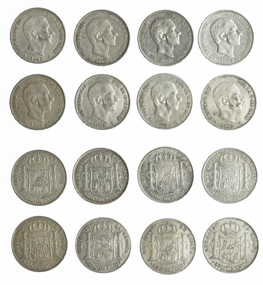 714   -  ALFONSO XII. Lote de 8 piezas de 50 centavos de peso. 1885. Manila. MBC-/MBC+.