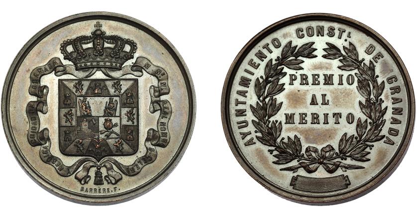 716   -  ALFONSO XII. Medalla. Ayuntamiento de Granada. Premio al mérito. Grabador Barrere. AE 36,5 mm. EBC.