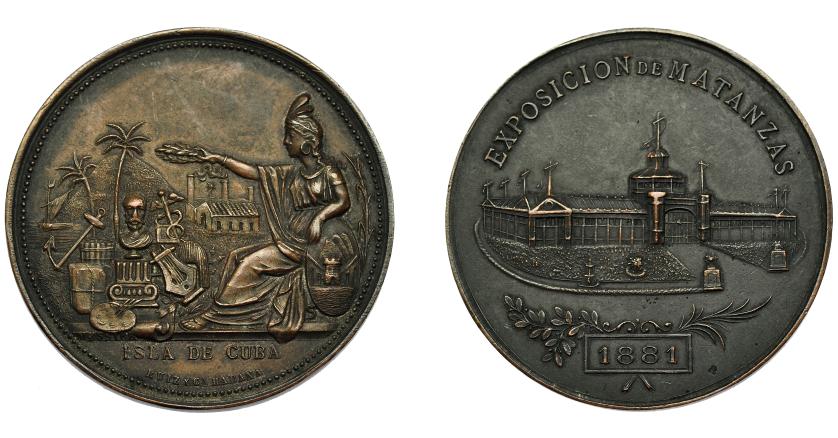 719   -  ALFONSO XII. Medalla Exposición de Matanzas, Cuba. 1881. Grabador Messier. En exergo ISLA DE CUBA RUIZ y Cª HABANA. AE 50,5 mm. MBC+. Muy escasa.