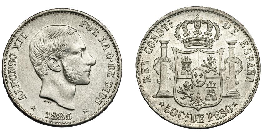 725   -  ALFONSO XII. 50 centavos de peso. 1885. Manila. VII-80. EBC+/SC.