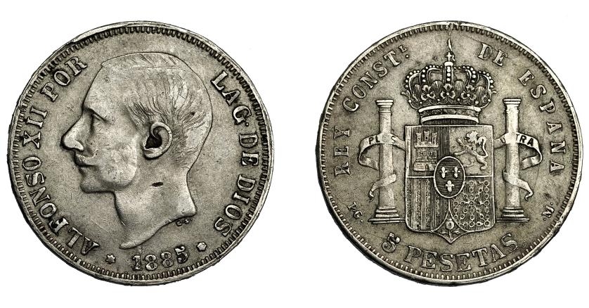 728   -  ALFONSO XII. 5 pesetas. 1885* ---5. Madrid. PGM. Falso de época en plata. Barrera-1241. BC/MBC-.