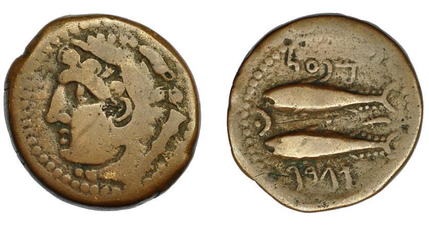 73   -  HISPANIA ANTIGUA. GADIR. As. A/ Cabeza de Hércules a izq., detrás clava. R/ Dos atunes a izq., en medio creciente con punto y aleph; encima y debajo ley. púnica mp'l ´gdr. AE 25,8 mm. 13,11 g. I- 1339. ACIP-665. BC+.