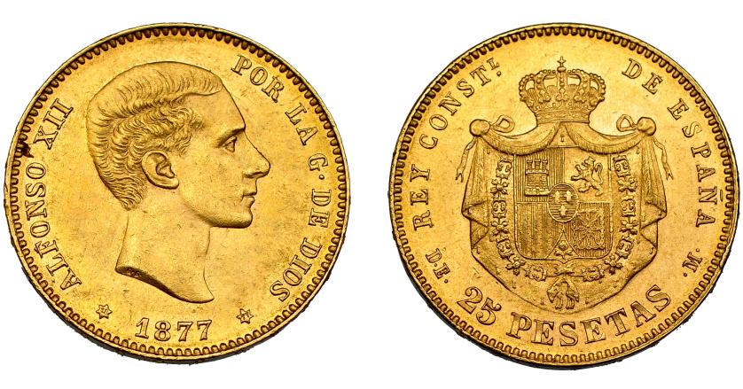 732   -  ALFONSO XII. 25 pesetas. 1877 *18-77. Madrid. DEM. VII-104. Marquitas en anv. MBC+/EBC-.