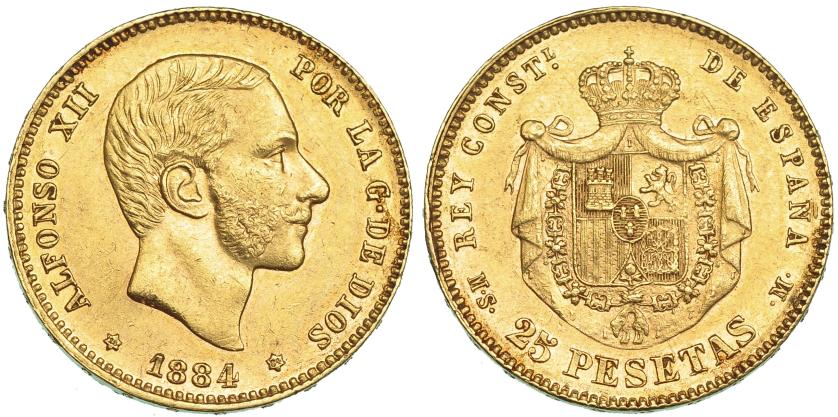 765   -  ALFONSO XII. 25 pesetas. 1884* 18-84. Madrid. MSM. VII-113. MBC+/EBC-.