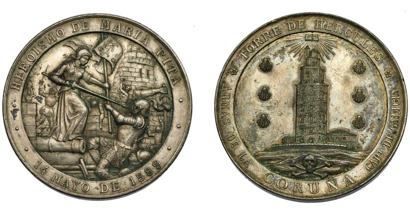768   -  ALFONSO XIII. Medalla. IV centenario de María Pita (1889). A los lados de la calavera PROPIEDAD E. CARRE. Calamina plateada. 50 mm. EBC+.