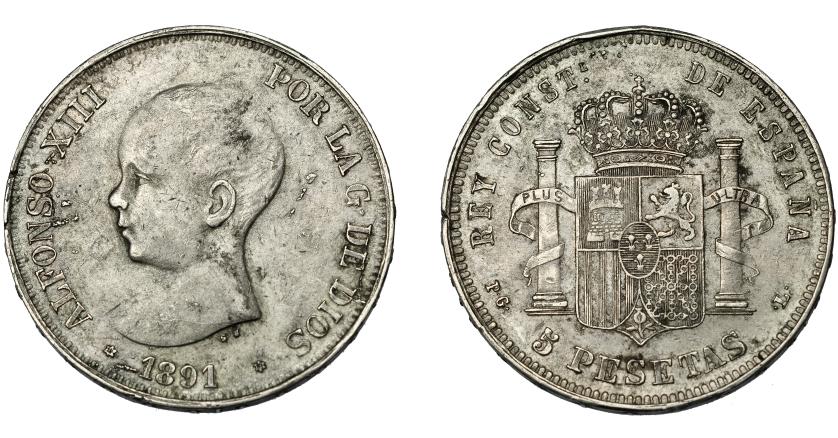 778   -  ALFONSO XIII. 5 pesetas. 1891 *18-91. Madrid. PGL. Falsa de época en plata. MBC+.