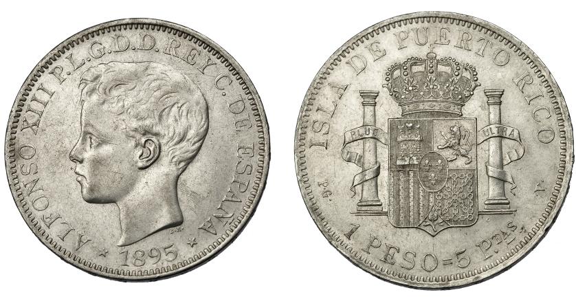 784   -  ALFONSO XIII. Peso. 1895. Puerto Rico. PGV. VII-193. Marquitas. MBC+/EBC-.