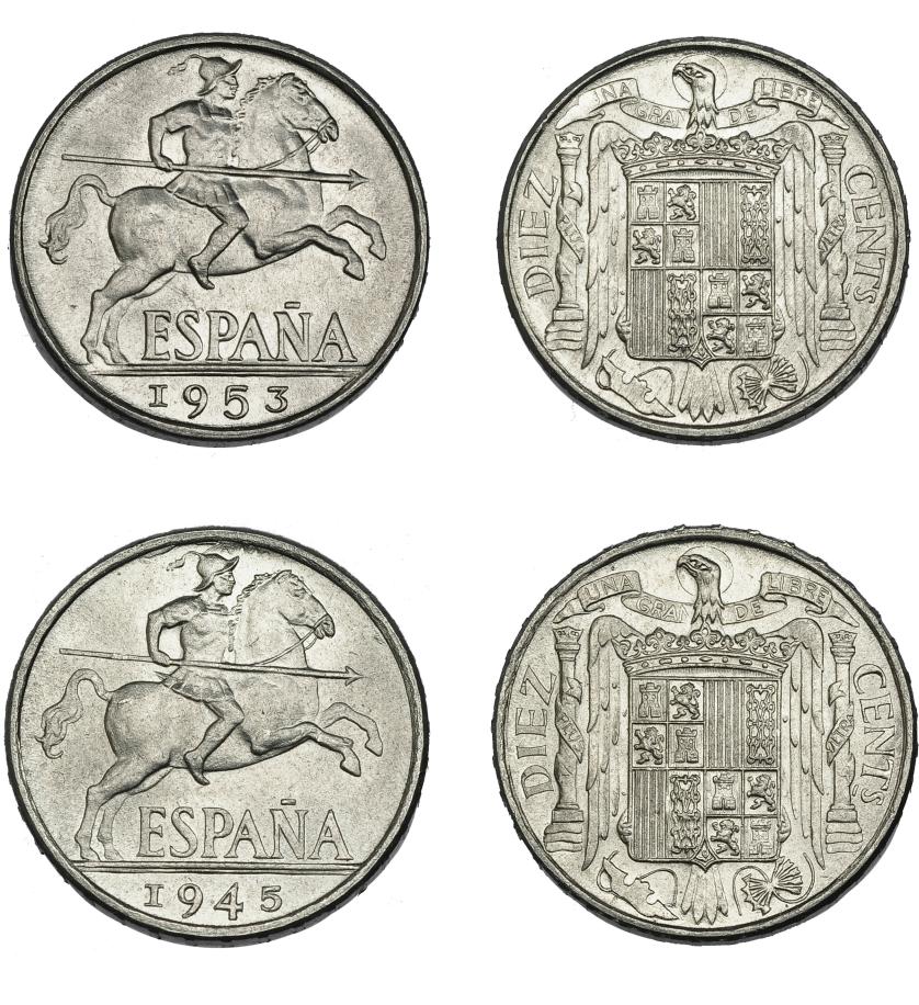 788   -  FRANCISCO FRANCO. Lote 2 monedas de 10 céntimos: 1945 y 1953. Madrid. SC.