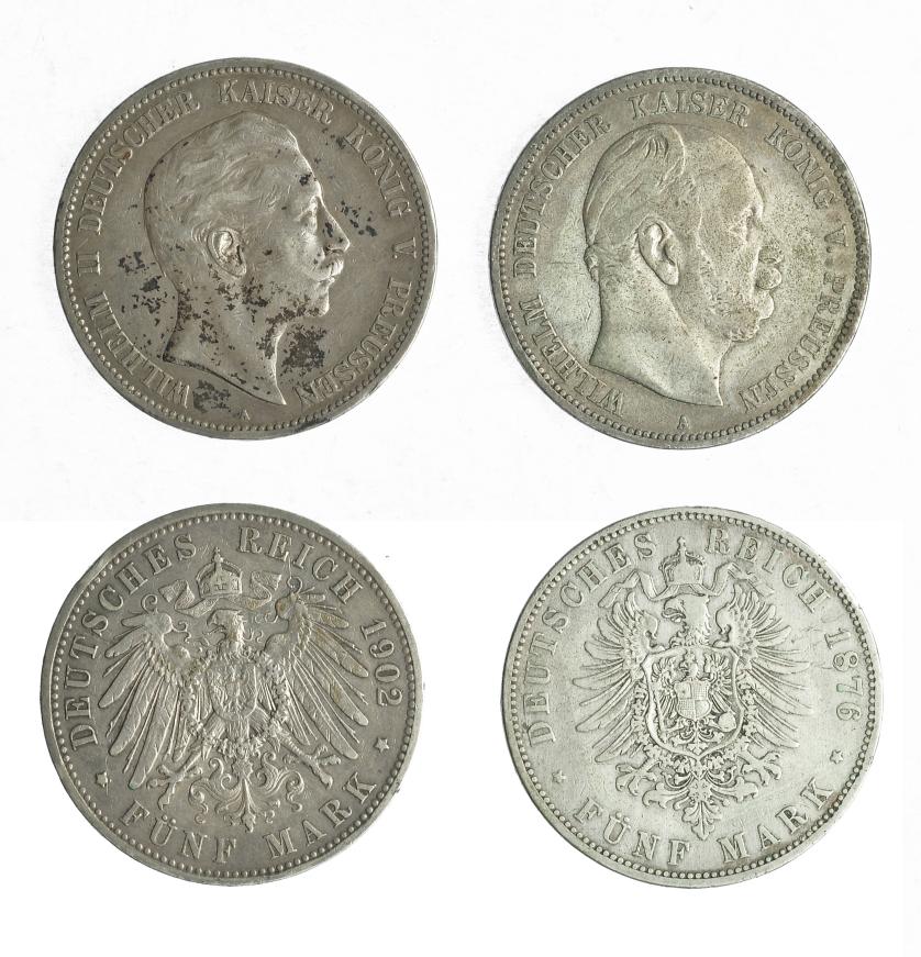 802   -  MONEDAS EXTRANJERAS. ALEMANIA Y ESTADOS ALEMANES. Prusia. Lote de 2 piezas de 5 marcos: 1876 y 1902. MBC-/MBC+.
