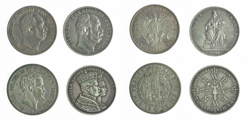 803   -  MONEDAS EXTRANJERAS. ALEMANIA Y ESTADOS ALEMANES. Prusia. Lote de 4 monedas de 1 tálero 1861, 1867, 1871 y 1823. MBC-/EBC-.