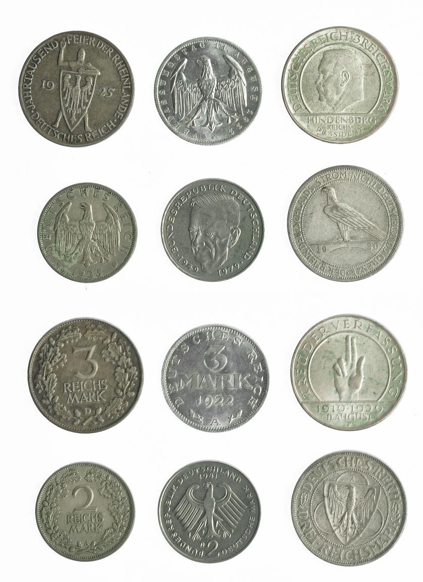 805   -  MONEDAS EXTRANJERAS. ALEMANIA Y ESTADOS ALEMANES. Lote de 6 piezas de 2 y 3 marcos. 1981, 1925 (2), 1929, 1930 y 1922. MBC/EBC+.