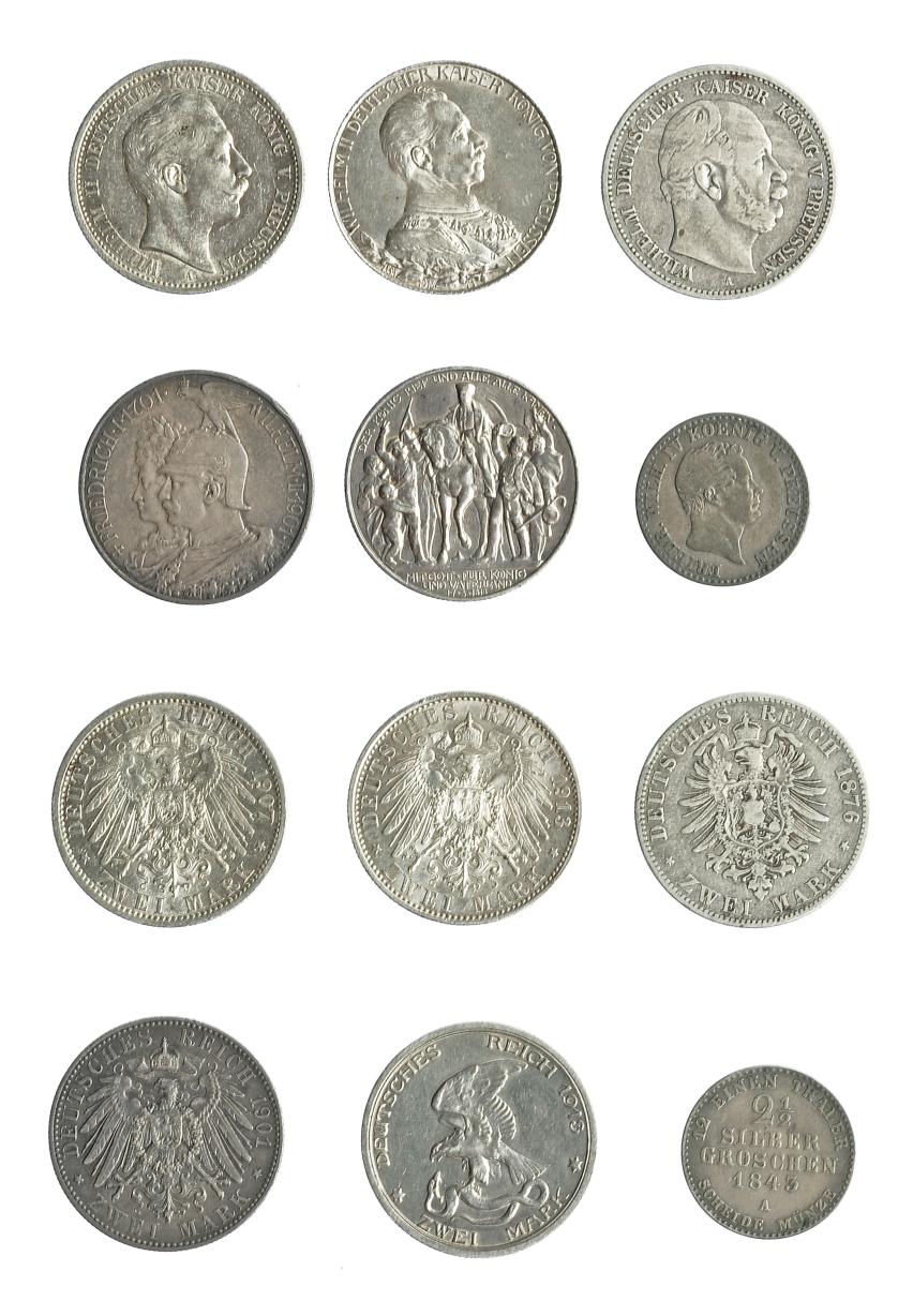 806   -  MONEDAS EXTRANJERAS. ALEMANIA Y ESTADOS ALEMANES. Lote de 6 monedas. 2marcos (5) y 2,5 marcos (1). 1876, 1901, 1907, 1913 (2) y 1843. MBC-/EBC+.