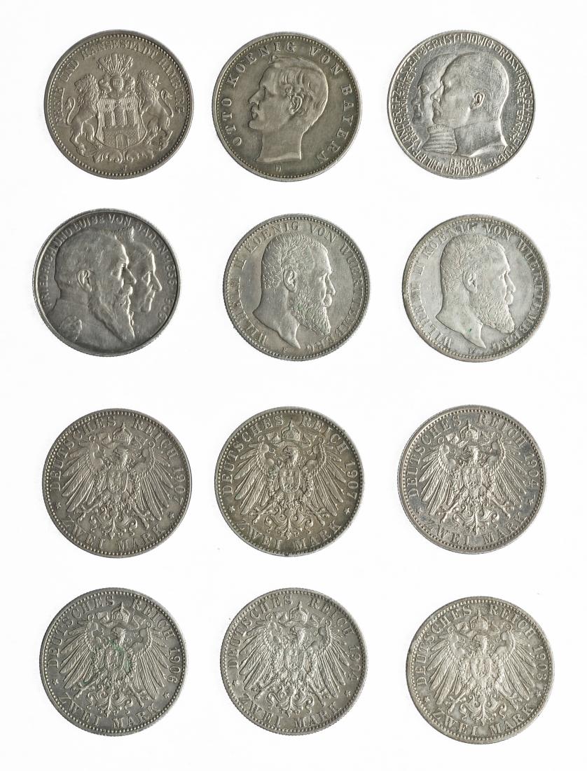 808   -  MONEDAS EXTRANJERAS. ALEMANIA Y ESTADOS ALEMANES. Lote de 6 monedas de 2 marcos. 190, 1904, 1905, 1907 (2) y 1911. MBC/EBC.