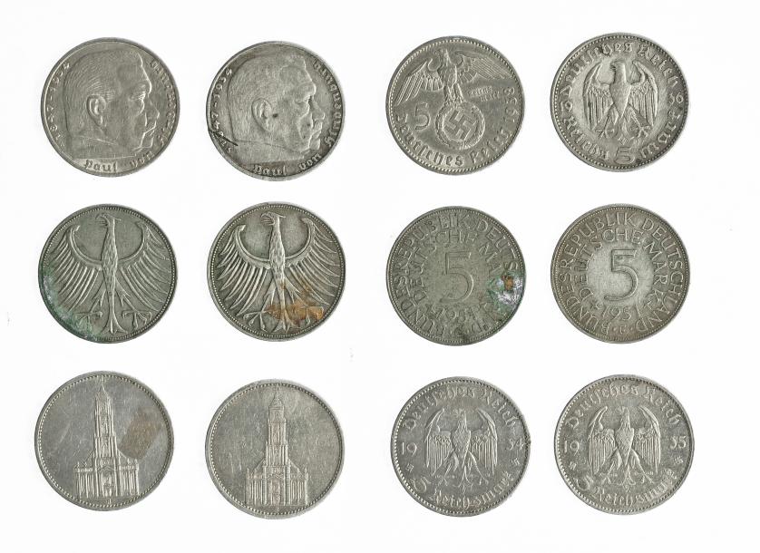809   -  MONEDAS EXTRANJERAS. ALEMANIA Y ESTADOS ALEMANES. Lote de 6 monedas de 5 marcos: 1934, 1935, 1936, 1938 y 1951. MBC-/MBC+.